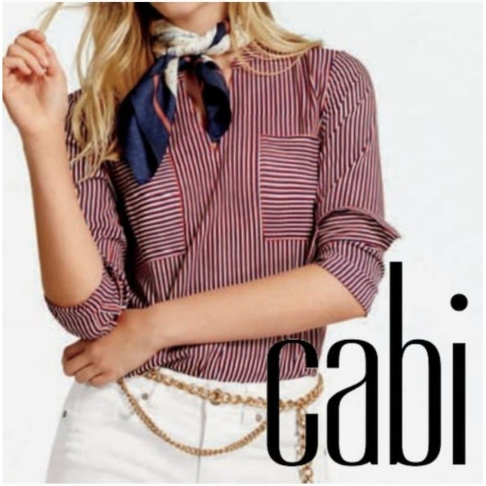 Cabi L Red White Blue Stripe Lightweight Popover Top 5335 FRANKLIN V Neck Pocket